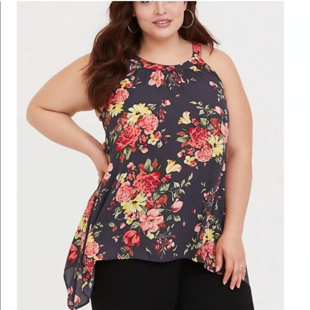 Torrid‎ Grey Floral Georgette Goddess Tank Top Sharkbite Hem Plus Size 3X 22-24